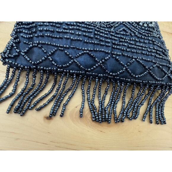 Midnight Blue Beaded Evening Bag with Fringe Braided Strap Y2K Vintage Inspired - Picture 3 of 5